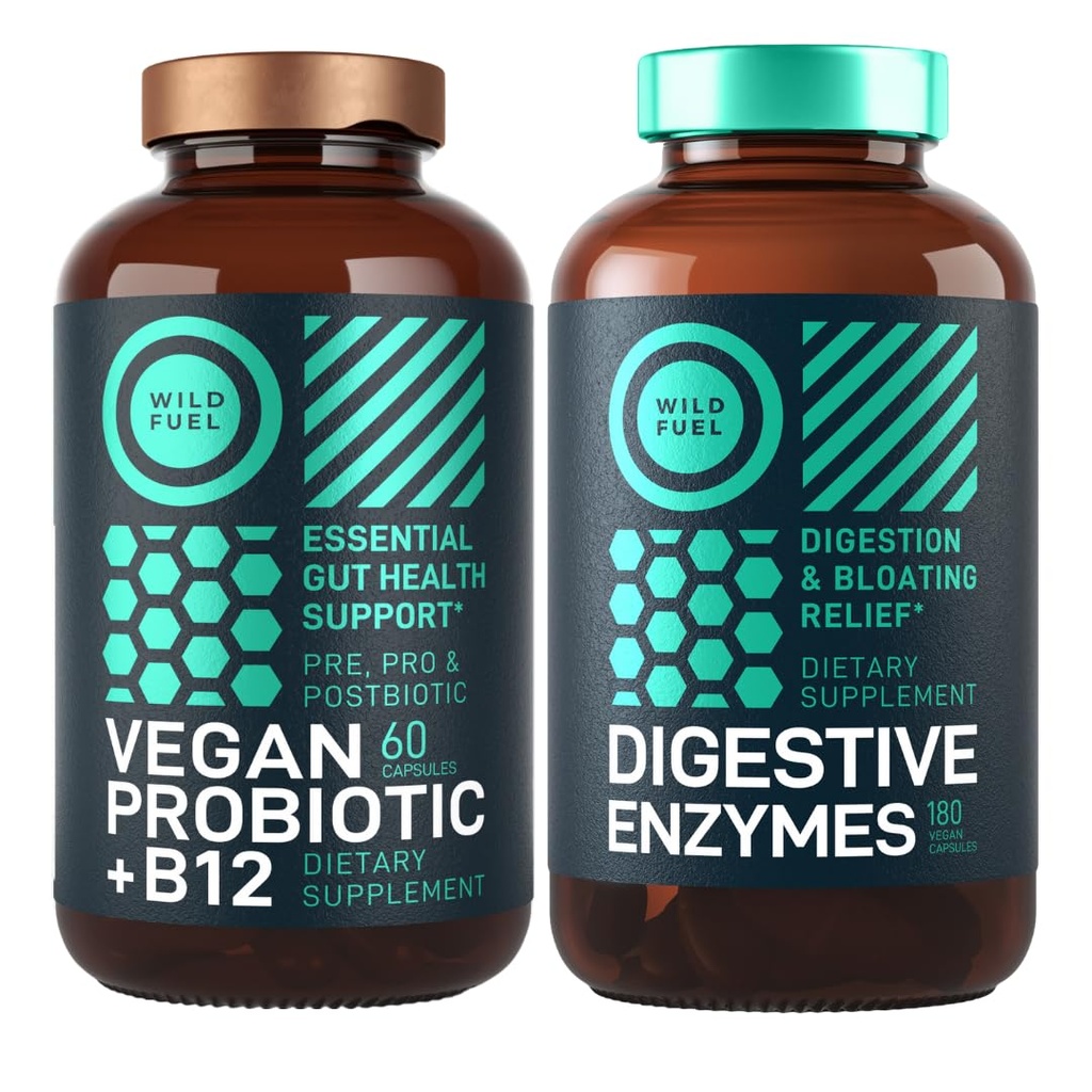 Stravovací enzymy s probiotika a prebiotika a Vegan Probiotic Plus B12 Vylepšené trávicí a Gut Zdravotní Bundle