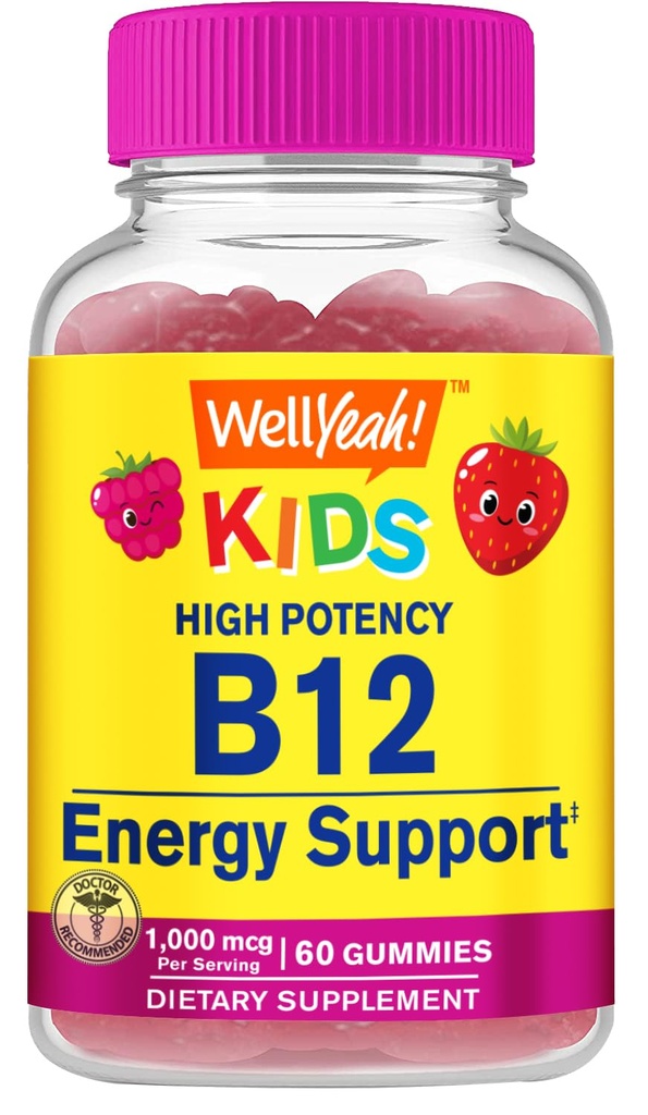 WellYeah Vitamin B12 Gummies for Kids - Zvýšení energie, zlepšení funkce mozku a posílení imunitního systému - Non- GMO, gluten- Free - Great Ochutnávání Berry Flavor - Snadno žvýkat - 60 Gummies