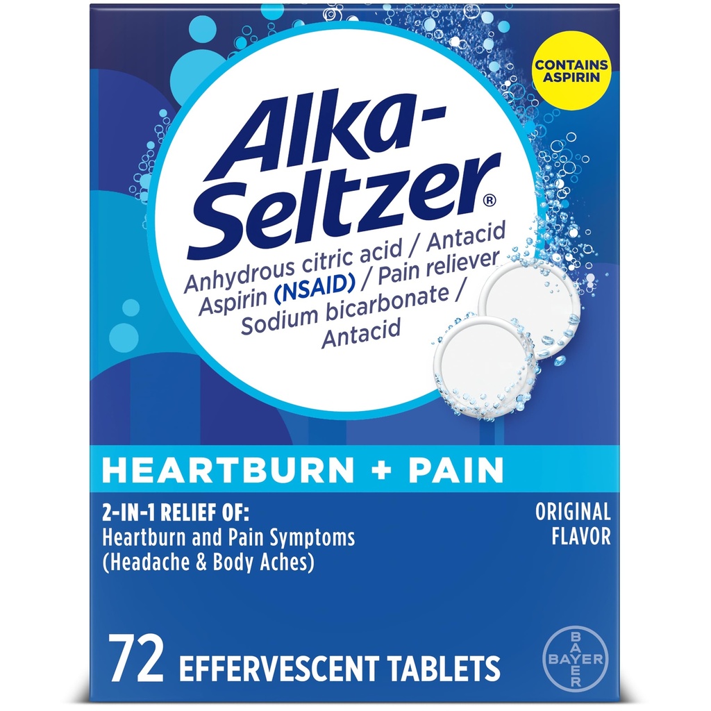 Alka- Seltzer Heartburn + Pain Effervescent Aspirin + Antacida Tablety, Rychlé Heartburn Relief a kyselá Ingestion Relief, Pain Relief with Aspirin, 72 Ct