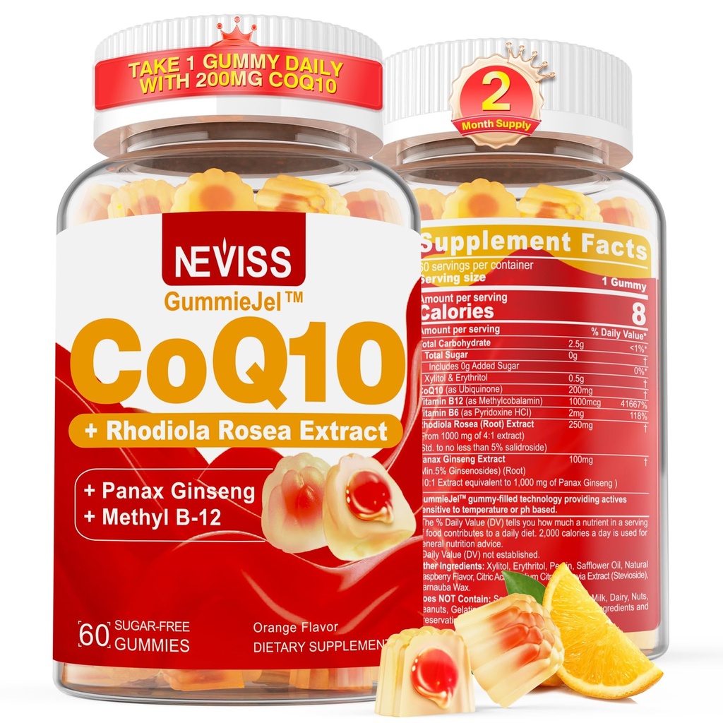 Sugar Free CoQ10-200mg 400mg plněné gumové - 2 měsíce Dodávka - w / vitamín B12 1000mcg, Rhoddiola Rosea & Panax Ginseng, B6, Coenzym Q10 dodatek pro hear- t, energie, antioxidant, Ultra absorpce