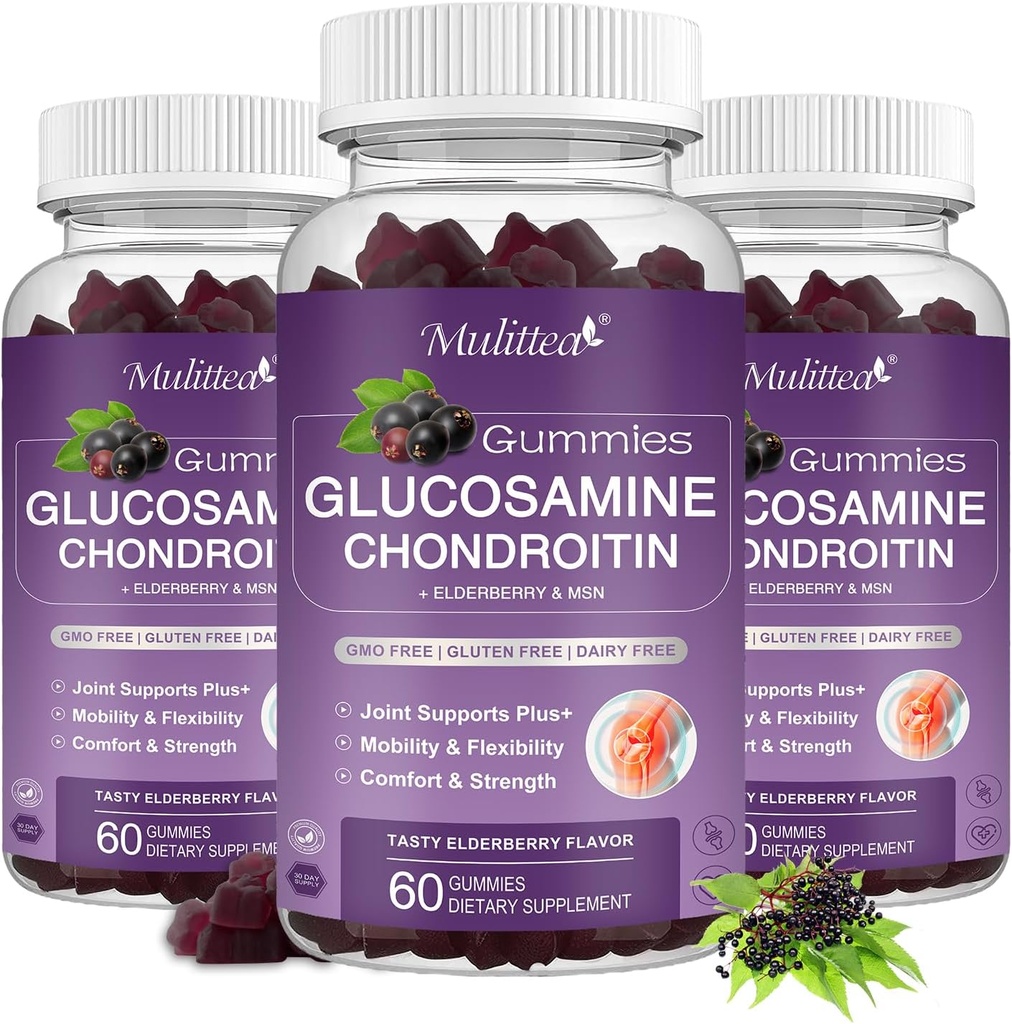 Mulittea Glucosamine Chondroitin Gummies - Extra Strength Joint Support Supplementary with MSM & Elderberry for Natural Joint, Antioxidační imunitní podpora pro dospělé, Muži & Ženy - (3 Pack)