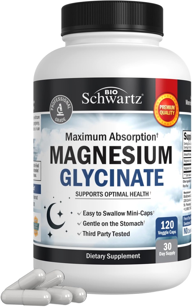 BioSchwartz Magnesium Glycinate 500 mg Kapsle (120 Mini Caps) Maximální absorpce doplněk hořčíku pro zdravé nervové svaly srdeční nálady a spánkové podpory (Vegan, gluten- Free, Non- GMO)