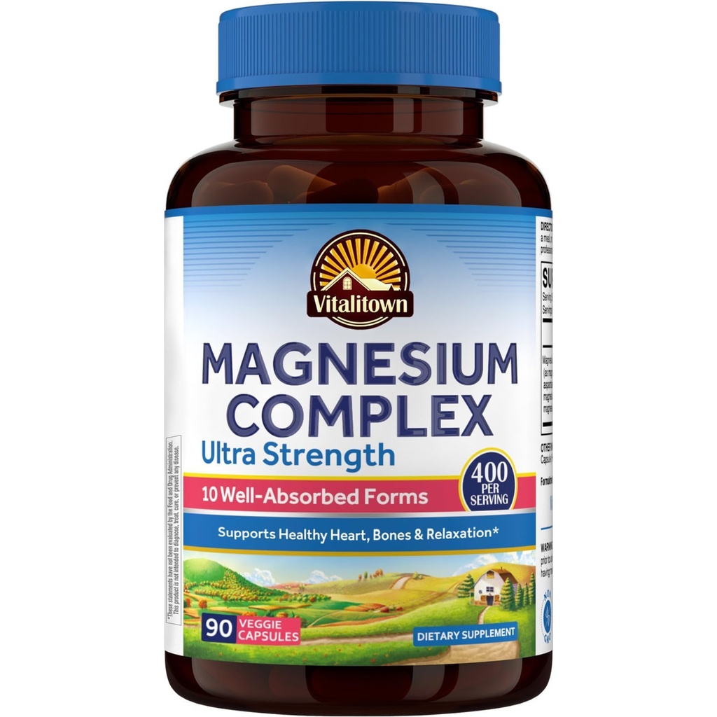 Vitalitown 10 in 1 Magnesium Complex - 400mg Elemental Magnesium Chelated with Glycinate, Citrát, Malate, Taurate & More - for Sleep Heart Energy - Non- GMO, Vegan, 90 Caps