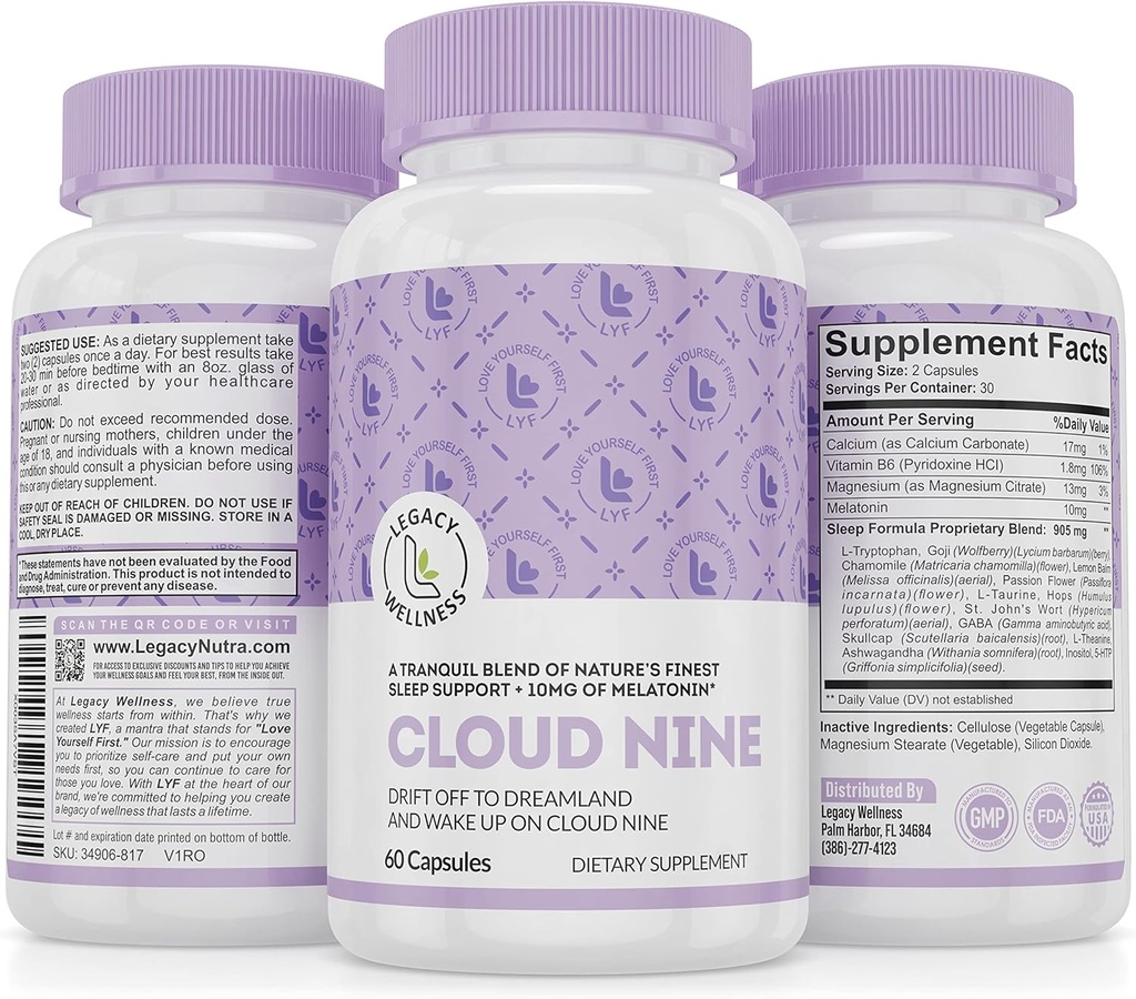 Cloud 9 - All Natural Sleep Aid Supplement - Relaxation Vitamin & Bylinné Formule - 10mg Melatonin vápník Magnisium L-Theanine 5-HTP GABA St. John 's Wort Ashwagandha Heřmánek & Více 60 Vegan Kapsle
