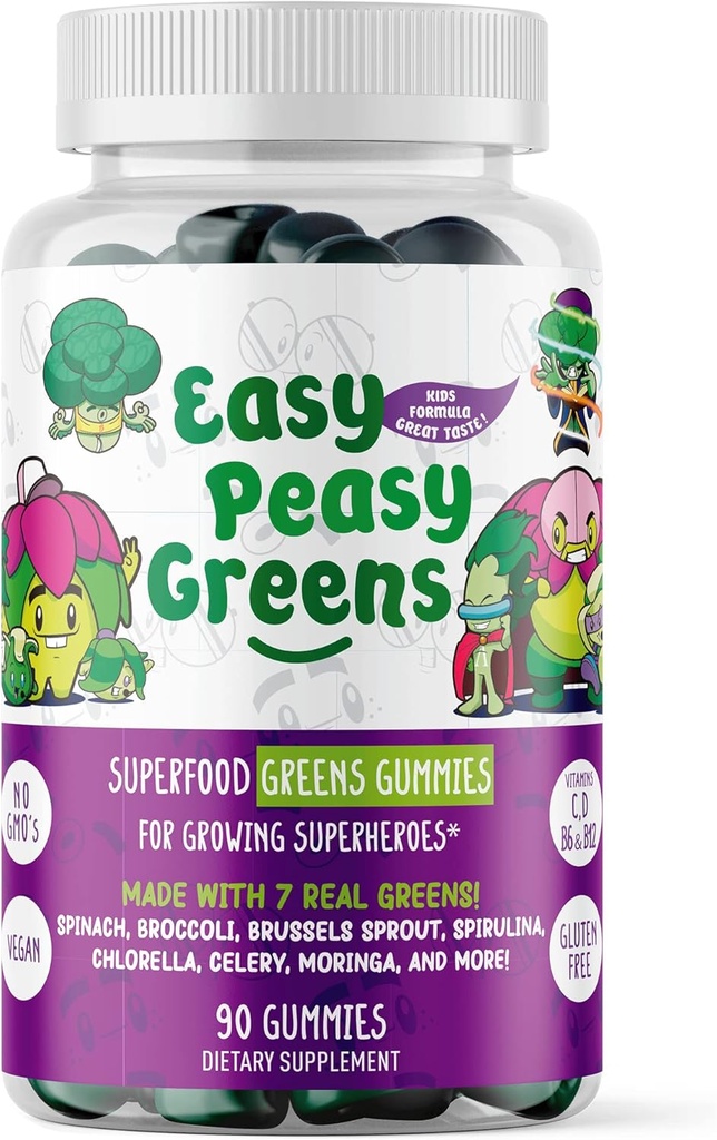 EasyPeasyGreens Daily Veggie Gummies for Kids - 90 Zelených Gummies - Pomáhá Picky jedlíky dostat své vegetariánské dovnitř - Vyrobeno s 10 Real Zeleninové Extrakty a 100% Vegan
