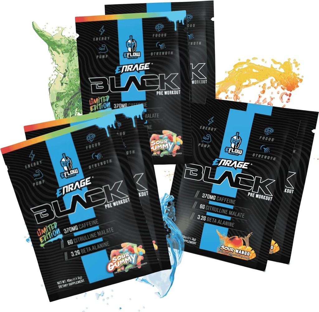 eFlow Nutrition ENRAGE Black Preworking Ukázky - Cestovní balíčky - High Stim Energy, Čerpadlo, Síla, Vytrvalost, Focus, Nootropní vzorec - Sour Gummy & Sour Mango Flavor (6 balení)