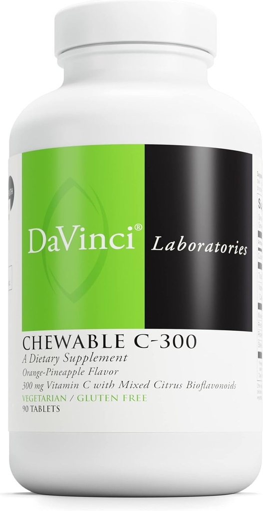 DaVinci Labs Chewable C-300 - Doplněk k podpoře imunitního zdraví, cholesterolu a kolagenu - S vitamínem C, Pectin a více - Bezlepkové - Orange Ananasový Flavor - 90 Vegetariánské tablety