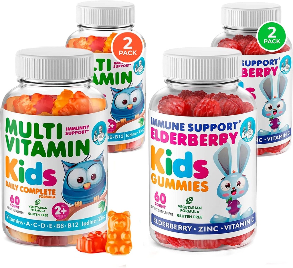 Dr. MORITZ Elderberry Gummies for Kids (60 Count 2 Pack) and Kids Multivitamin Gummies Bundle (60 Count, 2 Pack) - for Children 's Imunitary Support and Celk Health