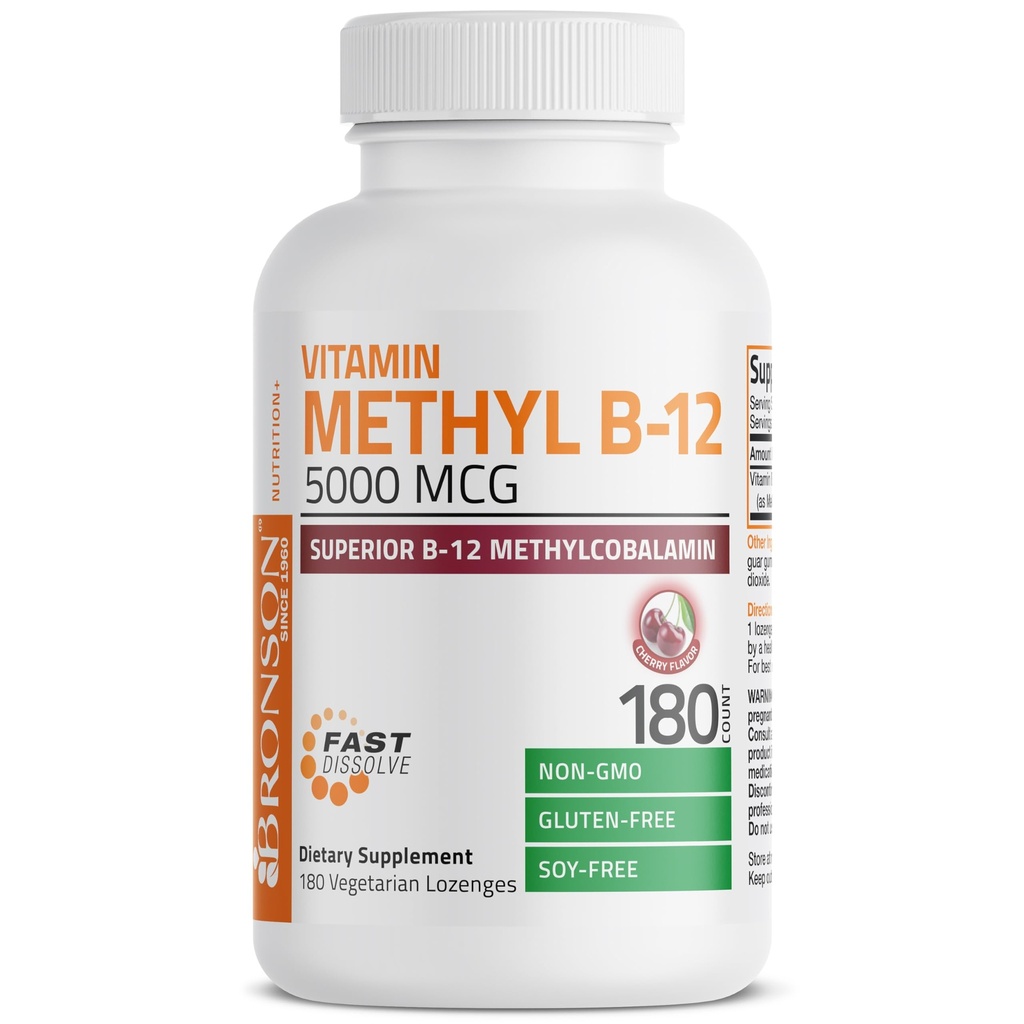 Bronson Methyl B12 5000 mcg Vitamin B12 Methylkobalamin Energy & Brain Support, 180 Lozengů