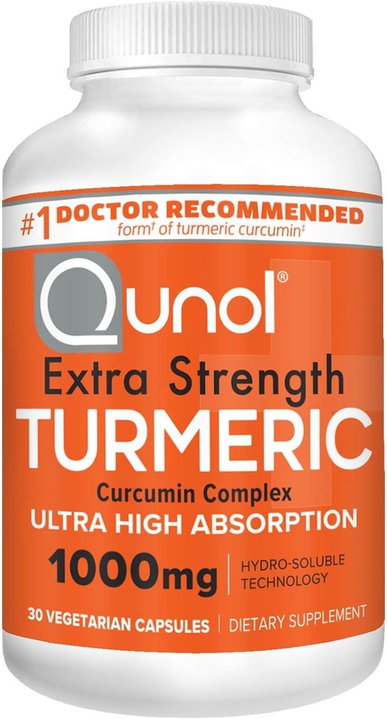 Qunol Kurkumin Kapsle, 1000mg Extra Strength Supplement, Patentovaná hydrorozpustná technologie, Alternativa k kurkumin s černým pepřem, 30 Veggie Kapsle