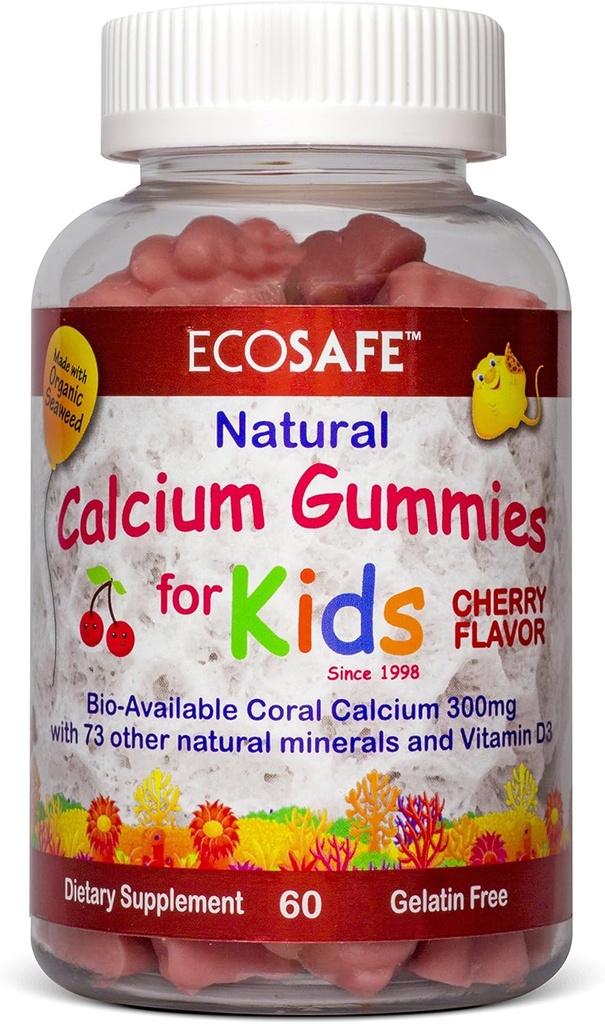 ECO SAFE Korálový vápník Vitamin D3 Dětské Gummy, přírodní třešňový Flavor, Non GMO, gluten- Free, Dairy- Free, Soy- Free a želatina zdarma - 300 mg vápníku, a 800 IU vitaminu D3-60 Gumy (2 balení)