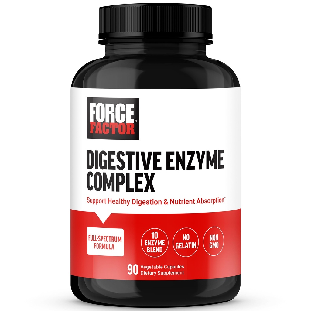 FORCE FACTOR Digestivní Enzymy Komplex na podporu trávicího zdraví, Gut zdraví, a poskytovat nadýmání úlevu pro ženy a muže, Full- Spectrum 10 Digestivní Enzymy, Non- GMO, 90 Kapsle