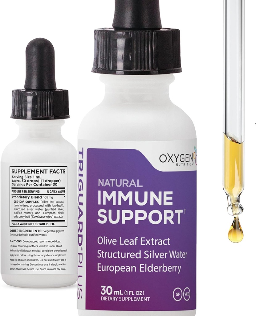 Triguard Plus Koncentrát 124; Koloidní stříbro, Sambucus Elderberry Extract & Olive Leaf Extract, 3-in-1 Liquid Imunní Podpora 124; Výkonný imunitní systém Booster 124; Velká chuť - 1oz / 30ml, Made in USA