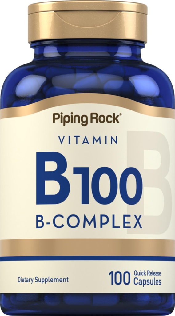 Piping Rock Vitamin B- 100 Complex CLAS124; 100 Kapsle CLAS124; Vitaminy B12, B1, B2, B6 CLAS124; Non- GMO, gluten zdarma dodatek