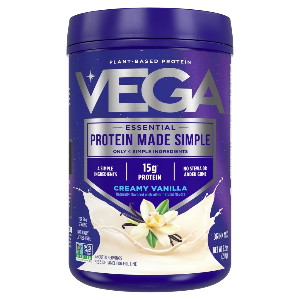 Vega protein vyrobený jednoduchý proteinový prášek, Vanilla - Stevia Free, Vegan, Plant based, Zdravý, Gluten Free, Pea protein pro ženy a muže, 9.2 oz (Balení May Vars)