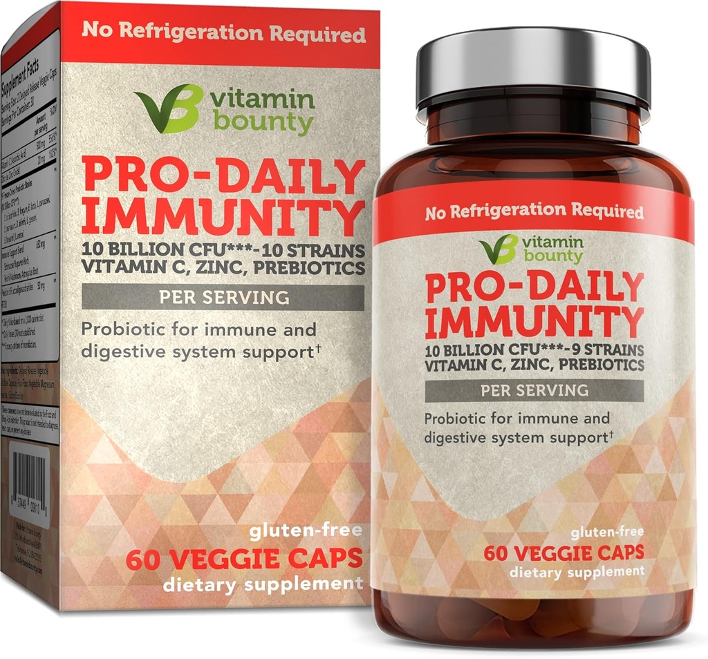 Vitamin Bounty Pro- Daily Probiotic - 10 miliard CFU Blend, zinek a vitamín C pro stravitelné zdraví, imunitní podpora Prebioitcs a Probiotika pro ženy a muže - 60 Kapsle