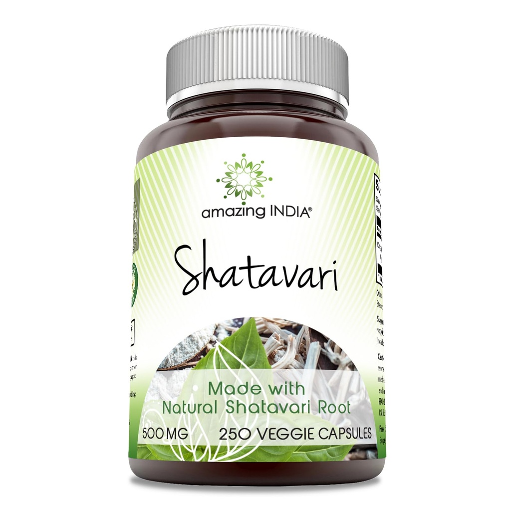 Amazing Indie Natural Shatavari 500 Mg per Serving 250 Veggie Kapsle Dodatek 124; Non-GMO CLANE124; Gluten- Free