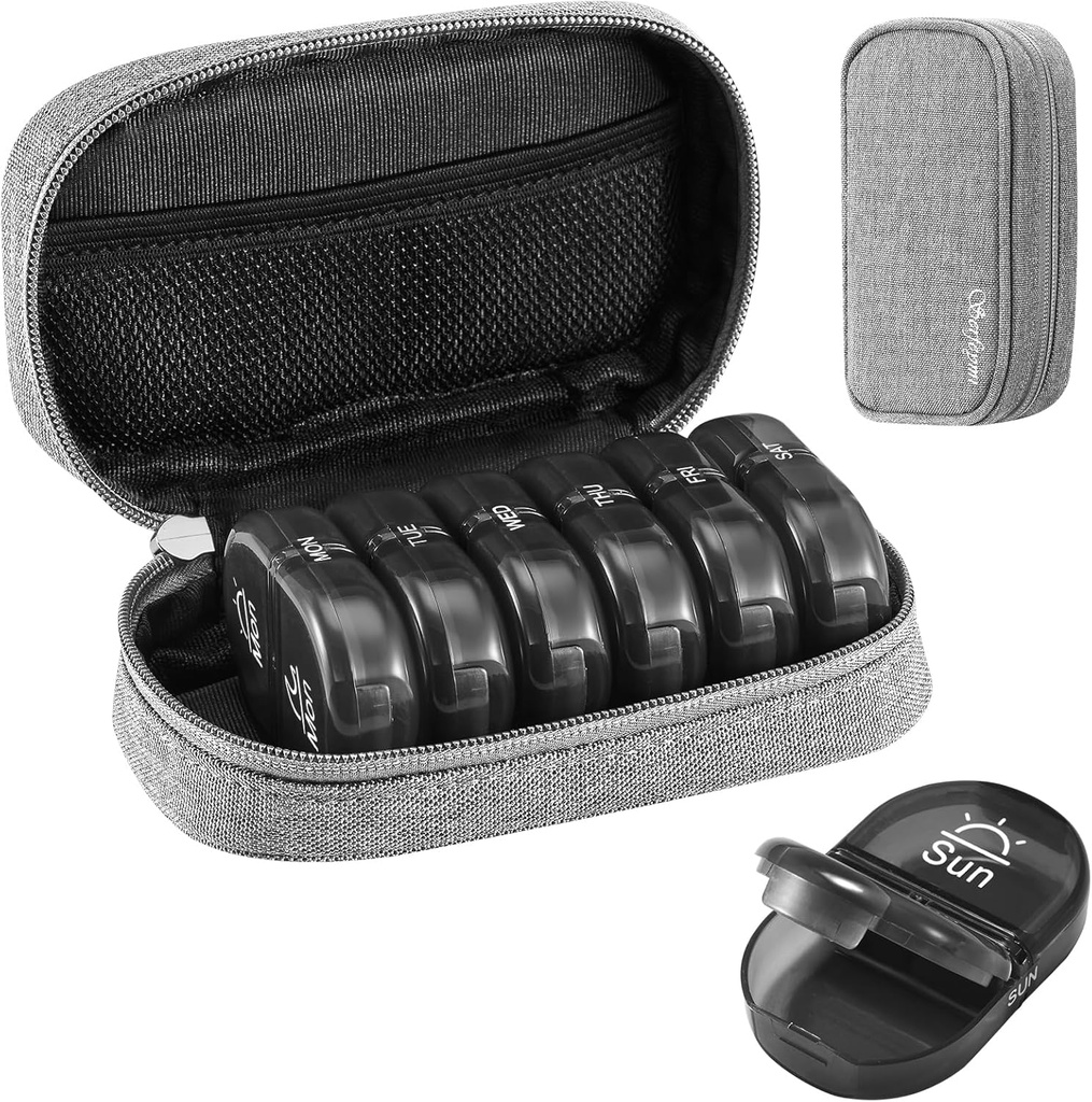 Serfeymi Týdenní Travel Pill Organizátor 2 Times A Day PM Upgraded Black Pill Box 7 Day with Portable Zipper Canvas Pill Case, Medicine Organizátor pro pilulky, Vitamíny, Doplňky, Rybí oleje - Grey 01