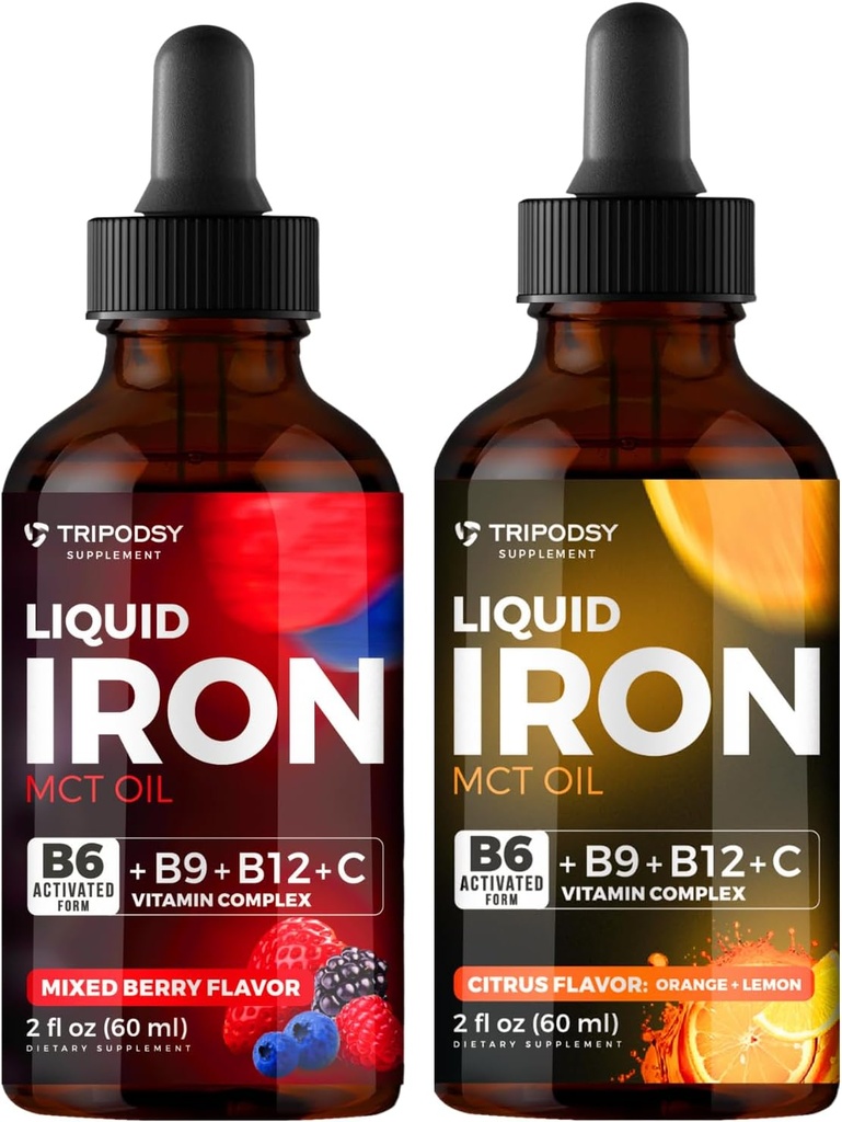 Liquid Iron Supplement, Železné Kapky, Ženy a muži, B6, B9, B12, Vitamin C, Anemie, Blood Builder, Folát, Červené krvinky, Imunitní podpora, MCT Oil, Citrus, Smíšené Berry