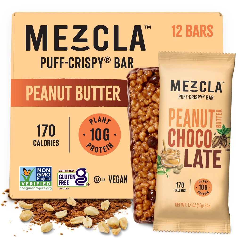 Mezcla Puff Crispy Protein Bars, Gluten Free & Vegan Protein Bars, 10g Protein, Alt for Crispy Rice Treat, Granola Bars & Breakfast Bary, Zdravé svačiny pro dospělé, arašídové máslo čokoláda, 12 Pack