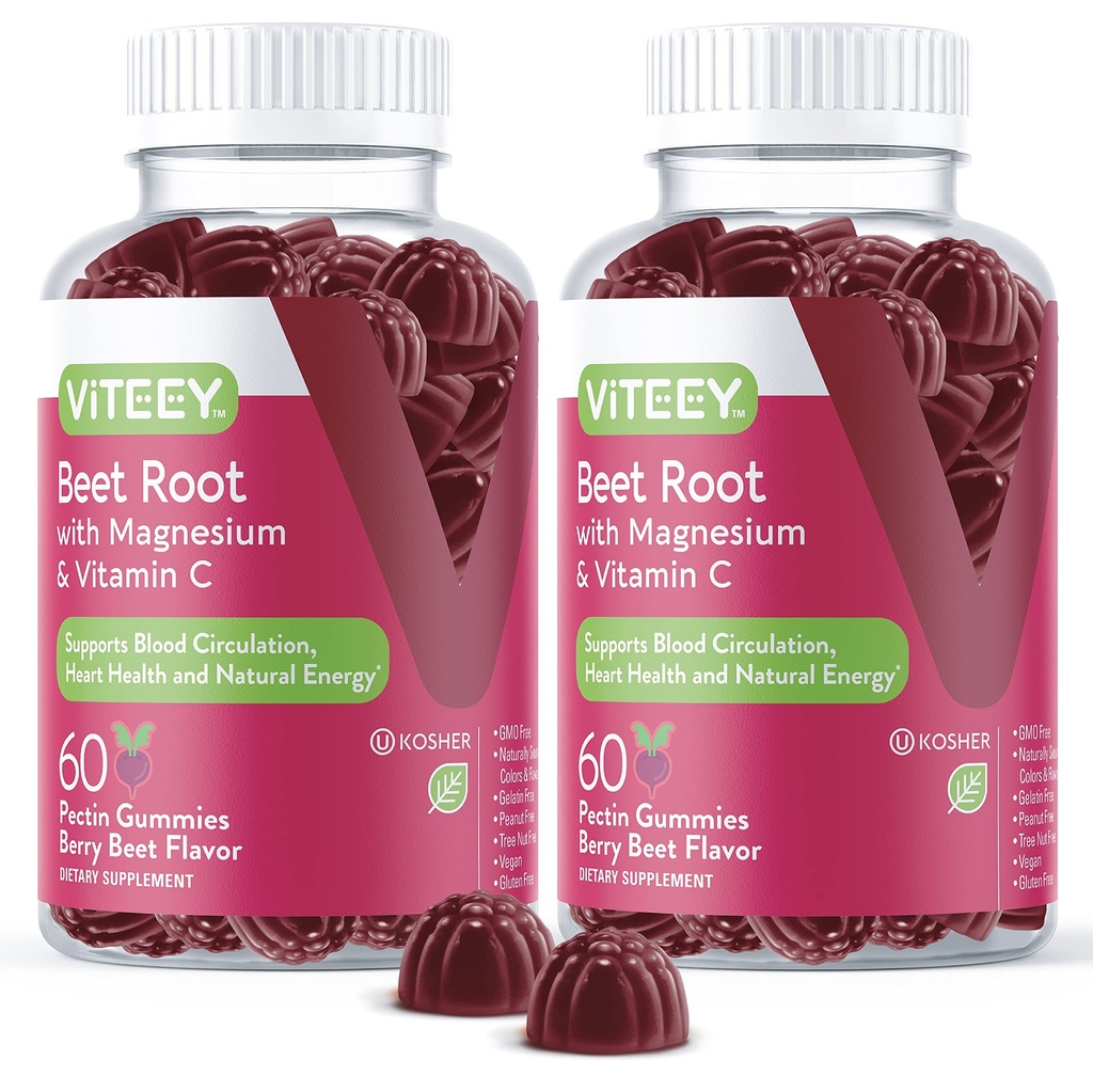 Viteey Beet kořenové gumy s hořčíkem a vitamínem C - Beetropot dodatek pro srdeční zdraví, krevní tlak podpora - Vegan, gluten- Free - 120 Počet