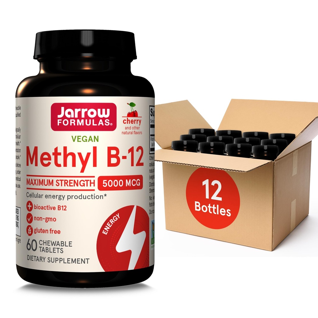 Jarrow Applicas Maximální síla methyl B-12 5000 mcg, Dietní dodatek pro výrobu celulární energie a Brain Health Support, 60 Cherry- ochucené žvýkací tablety, 60 denní dodávky, balení 12