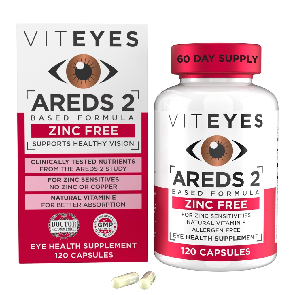Viteyes AREDS 2 Zink zdarma makulární podpora, přírodní Alergen zdarma Kapsle s vitamínem E, Vitamin C, Lutein & Zeaxanthin, No Zinek, No Copper, Oční lékař důvěryhodný, vyráběný v USA, 120 Ct