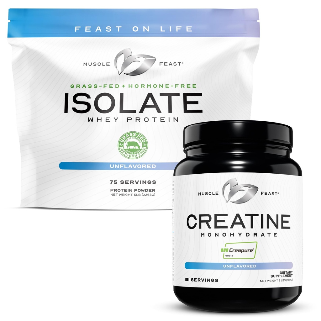 Svalovina Feapure Creatin Monohydrát - Neochucené 2lb (x1) a izolát syrovátkového proteinu prášek - Neochucené 5lb (x1) - Svalová recovery a výkonnostní Bundle