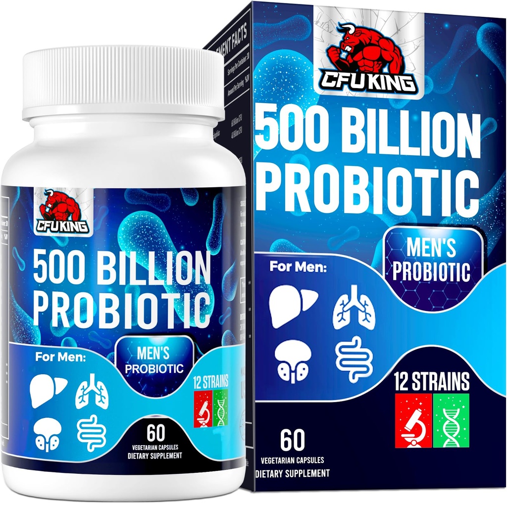 Probiotika pro muže, 500 miliard CFU & 12 Mens Probiotika pro stravitelné zdraví + 4 Organic Prebiotic Fiber, pro stravovací, Gut, Imunitní zdraví, Bloating, Gas, Energy Support, Stable - 60 Kapsle