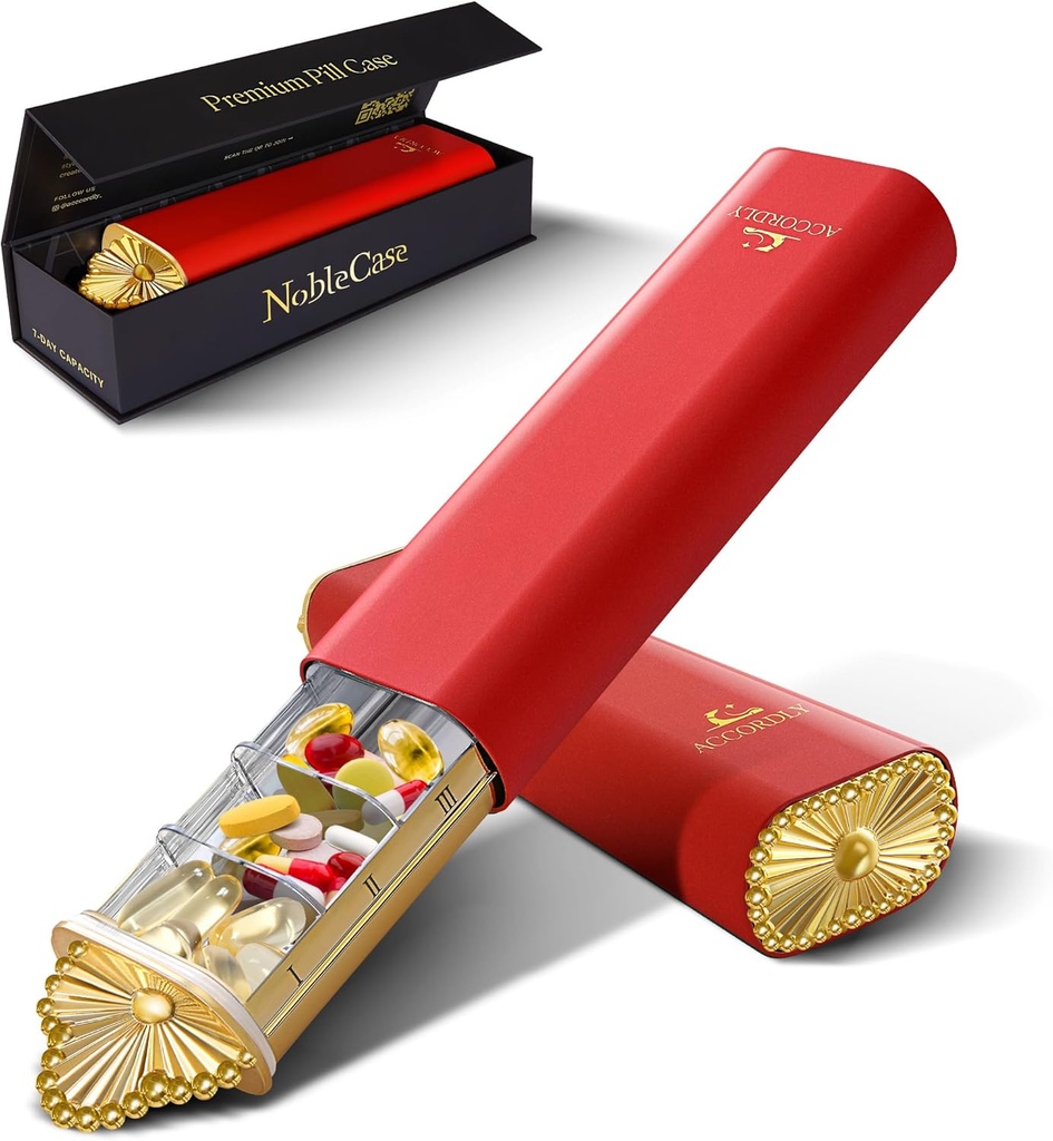Premium Týdenní Pořadatel pilulek, 7- denní Kompaktní Pouzdro pro kabelku, Lehký Zlatý Hliníkový Pilový box pro vitamíny, Medicína, Doplňky, Luxusní Wellness dárek