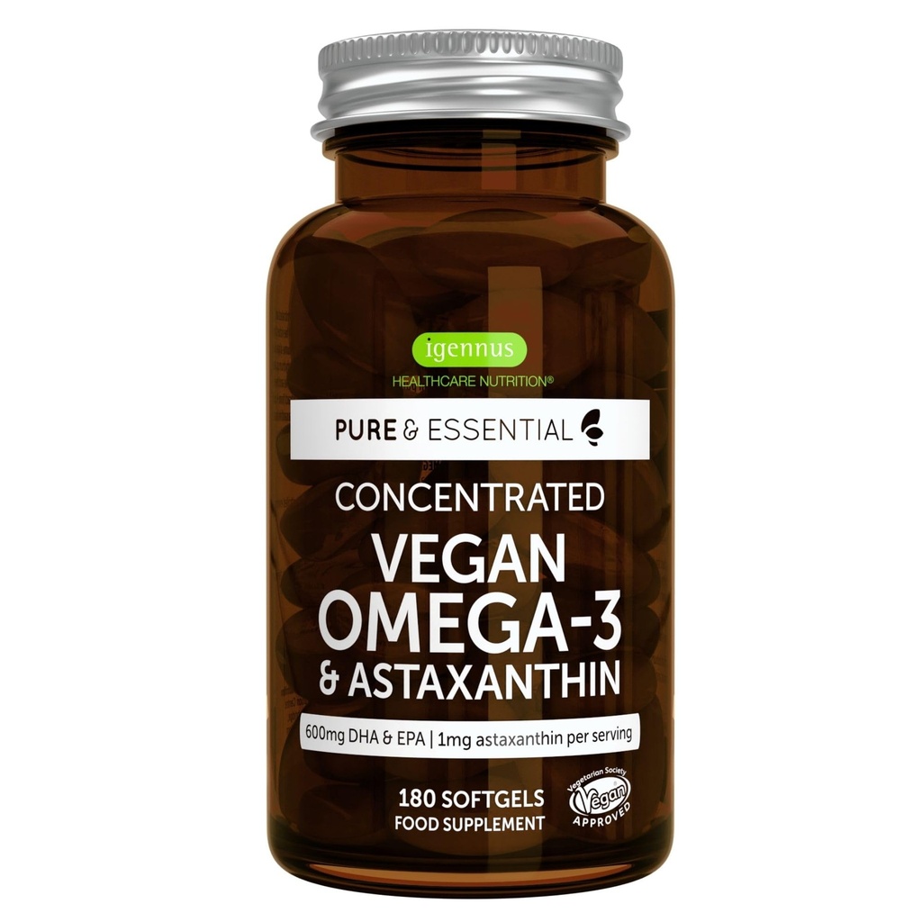 Igennus Vegan Omega33 Natural Triglyceride Algae Oil, DHA & EPA Fatty Acid Supplement, 180 Malé Softgels s Astaxanthin, Easy- to- Polykat, Čisté a udržitelné, 90 Služeb