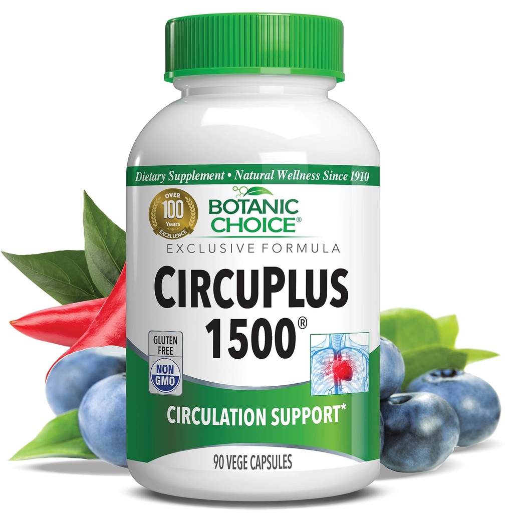 Botanická volba CircuPlus 1500 - Srdeční zdraví & Cirkulace a Vein Support Supplement - Vitamin B1, Cayenne Pepper, Hawthorn, Ginkgo Biloba pro dospělé muže a ženy (90 Kapsle)