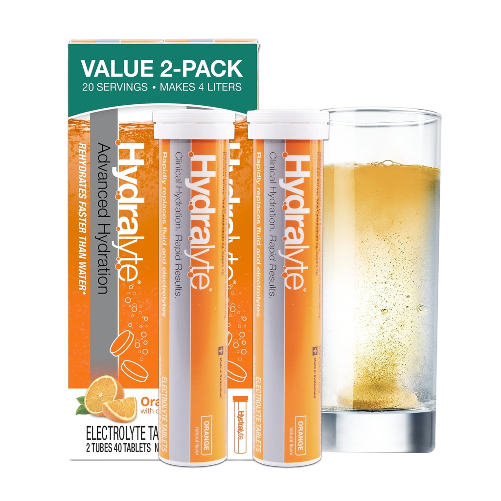 Hydralite Electrolyte Tablets CLAS124; 40 Orange Electrolytes CLAS124; Airplane Travel Essential for Rapid Rehydratation CLAS124; Hydration Tablets - Instant Disolvit Electrolytes (20 Servings, 2 tablety per Serve)