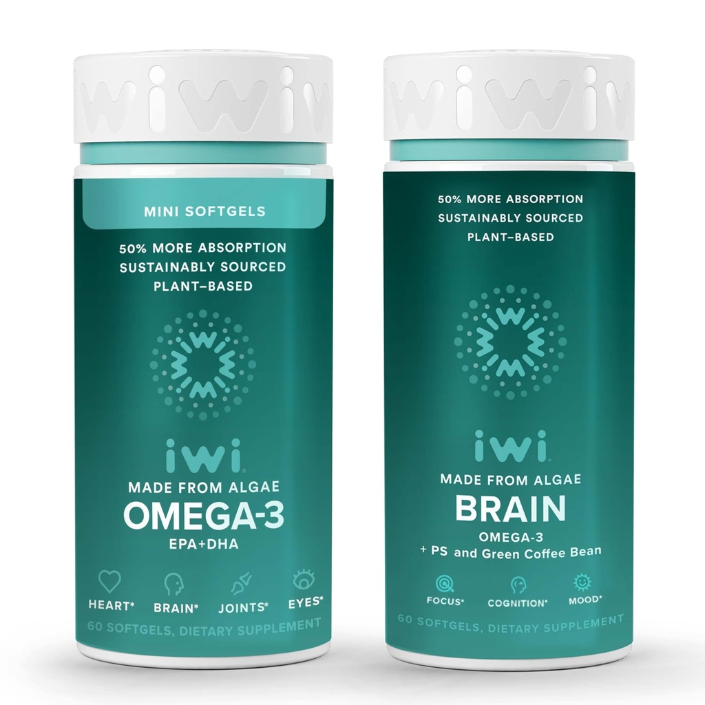 Iwi Omega33 Minis & Brain Omega33 Bundle, 30 Servings, Vegan Plant- Based Algae Omega 3 s EPA + DHA, Krill & Fish Oil Alternative, No Fish Aftertact