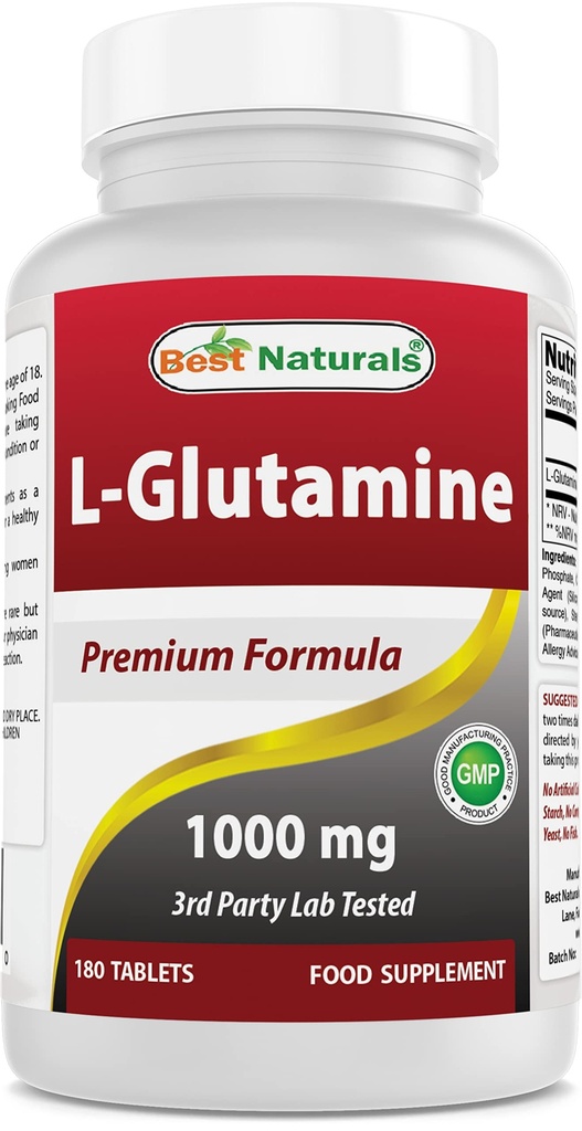 Nejlepší Naturals L-glutamin 1000mg Palivo pro cvičení (Non- GMO) Tablety, 180 Počet