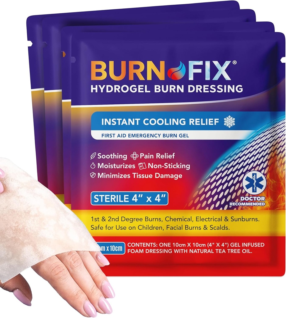 BurnFix ® - 4 Pack- Burn Gel dressing 4 x 4 "Burn Care Cream First Aid Treatment. Okamžitá bolest Relief Hydrogel Burn Dressing pro 1st, 2nd Stupeň Burns, Razor & Sunburns pro domácí, práce, oheň, EMS
