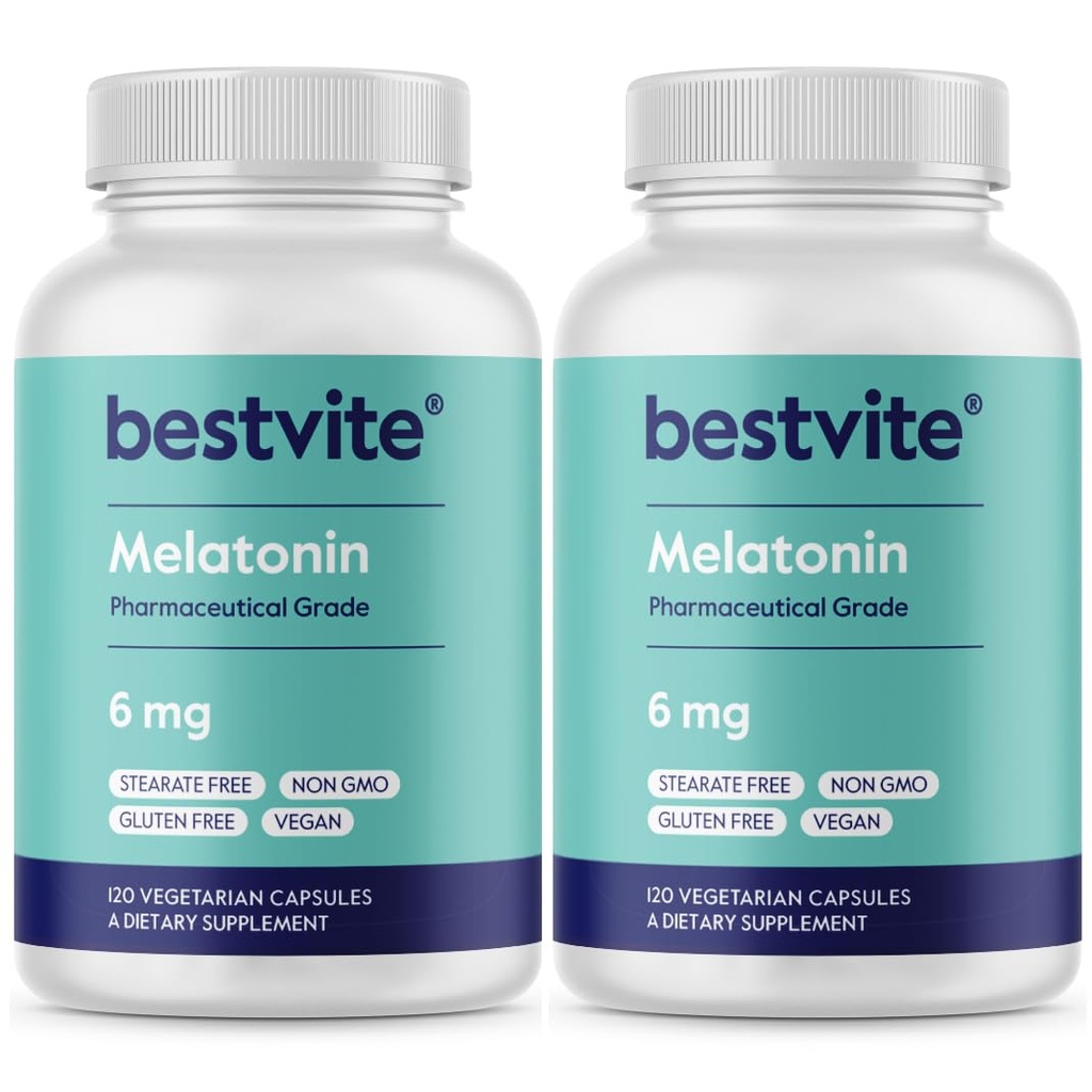 BESTVITE Melatonin 6 mg (240 Vegetariánských kapslí) (120 x 2) - No Stearates - Vegan - Non GMO - gluten bez