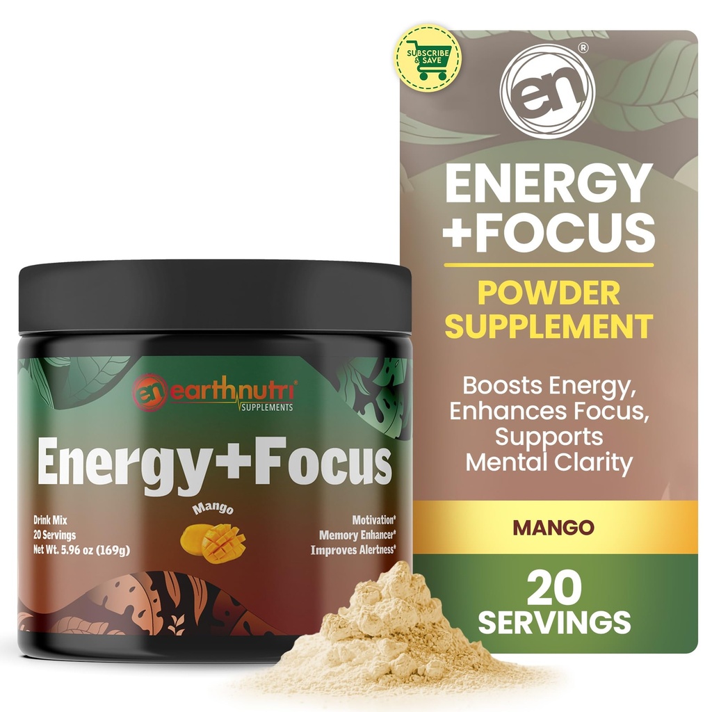 EarthNutri Energy + Focus Powder Supplement - Energy Boost & Helps Concentration with PeakO2, AlphaSize, Cognizin, PurCaf, Theacrin, Acetyl L-Carnitin L-Tyrosin - Mango Flavor - 20 Služeb (171g)
