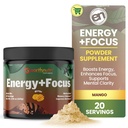 EarthNutri Energy + Focus Powder Supplement - Energy Boost & Helps Concentration with PeakO2, AlphaSize, Cognizin, PurCaf, Theacrin, Acetyl L-Carnitin L-Tyrosin - Mango Flavor - 20 Služeb (171g)