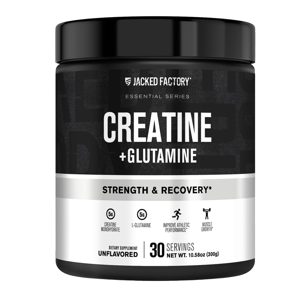 Jacked Factory Creatine + glutamin - Creatin dodatek s L- glutamin pro svalovou obnovu, růst svalů, zvýšená síla, zvýšený energetický výstup, a Gut zdraví - 30 Služeb, Neochucené