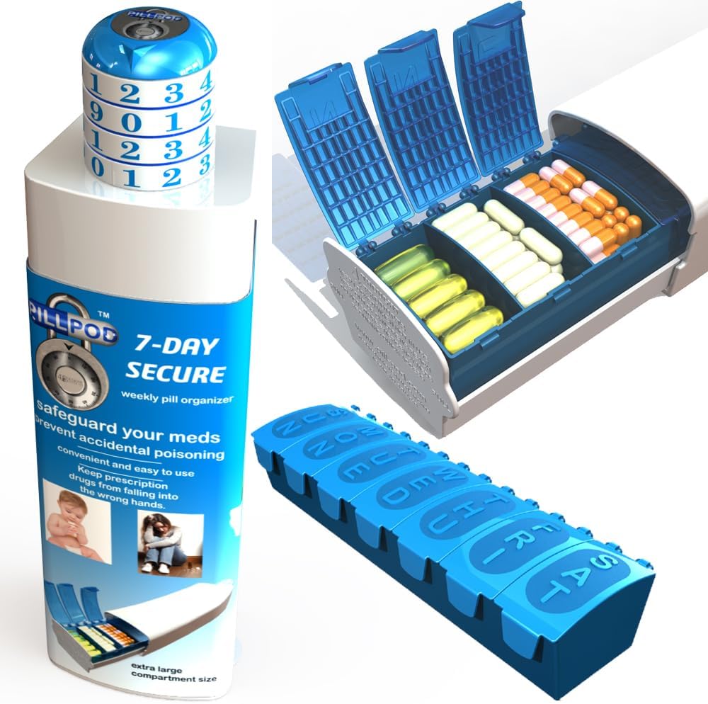 Pill Pod 7 Den Bezpečné, Uzamykatelné Pill Organizátor, Child- Resistent Medication Lock Box, Extra velké týdenní Pill Planner, Senior Friendly