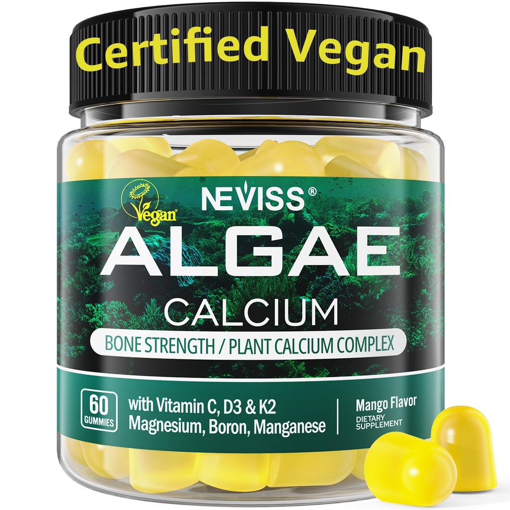 Kalcium Gummies pro ženy + Magneisum Vitamin D3 K2, C, Zinek, Boron, Udržitelné řasy (třetí strana testováno) pro sílu kostí, Nerve, vápník absoption, cukr zdarma doplněk vápníku, Vegan, 60 Counts