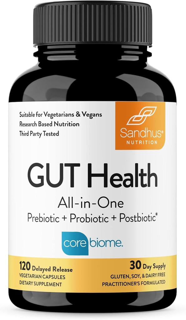 Sandhu 's Gut Health - Prebiotic, Probiotic, Postbiotic & L-Glutamin CLAS124; Digestive Health, Colon, Probiotic Total Supplementary CLAS124; 120 Zpožděné uvolňovací kapsle