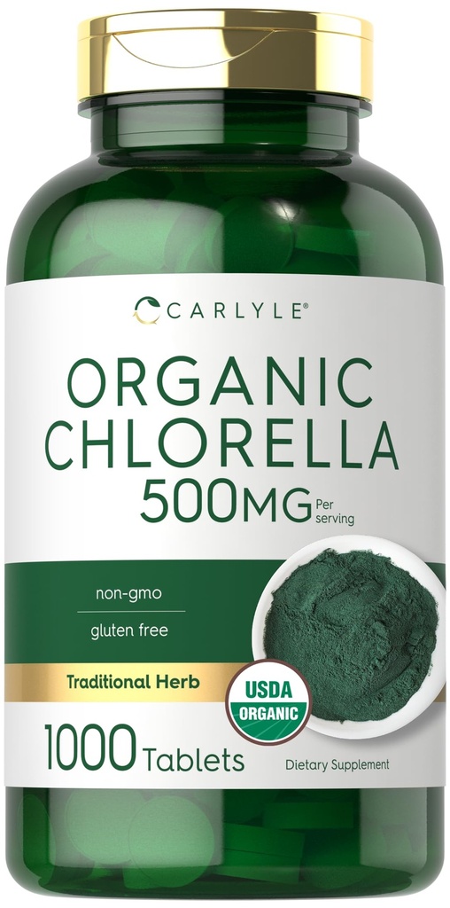 Carlyle Chlorella Tablets Organic 500 mg PHARMAN 124; 1000 Count PHARMAN 124; Vegetarian, Non-GMO, a gluten zdarma dodatek