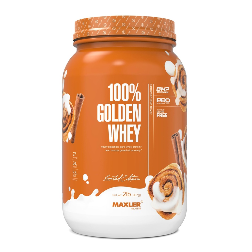 Maxler 100% Golden Syrovátkový protein - 24g proteinu per Serving - Premium syrovátkový protein prášek pro předpost cvičení - Fast- Absorbující syrovátkový koncentrát, izolát a hydrolyzát směs - Skořice Bun 2 lbs