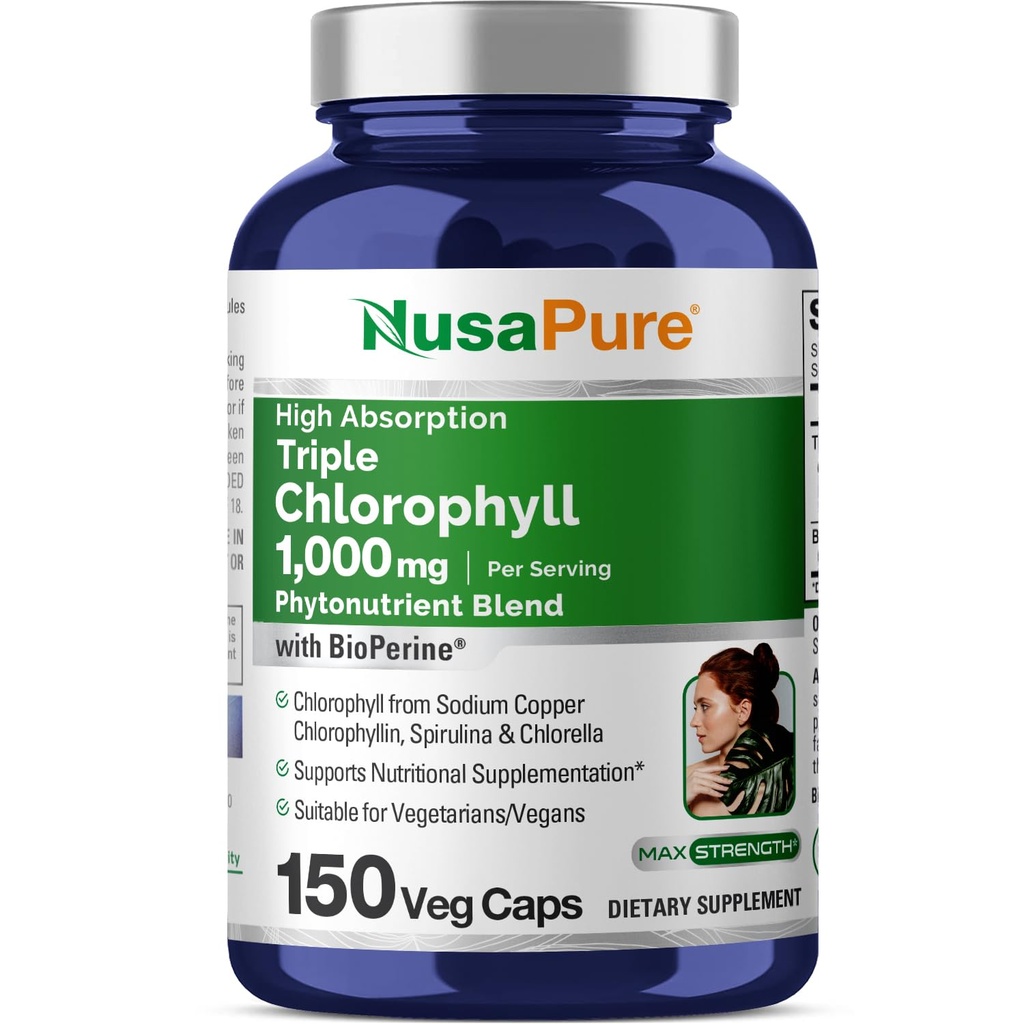 NusaPure High Absorpce Triple chlorofyl 1000 mg 150 Vegetariánů Vhodné pro vegetariány a vegany, Non- GMO