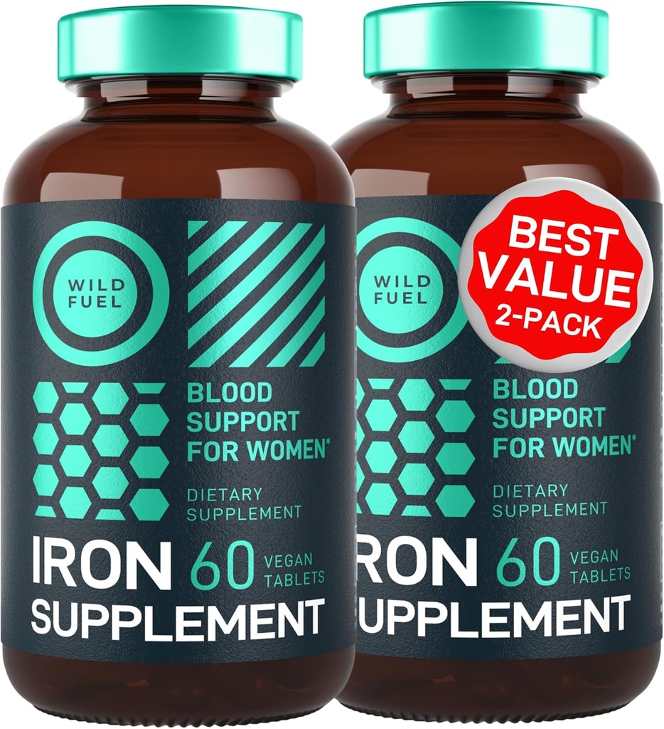 Vegan Železný dodatek pro ženy s kyselinou listovou - 35 mg Blood Builder Ferrous Sulfath, kyselina listová 400 mcg - Železné pilulky pro ženy s anémií a těhotenskou podporou - 120 Gluten- Free Tablety - 2Pack