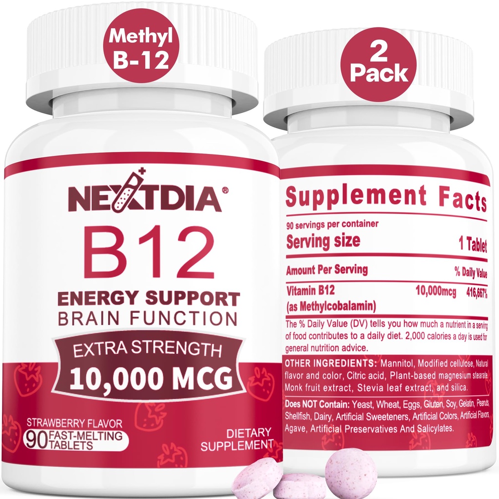 B12 Vitamíny 10,000 mcg, Methylovaný vitamín B12 sublingvální - Energy Boost, Focus, Metabolismus & Brain Health Support, Imunitní System Support, Fast Disold, Natural Strawberry Flavor, 180 Služeb