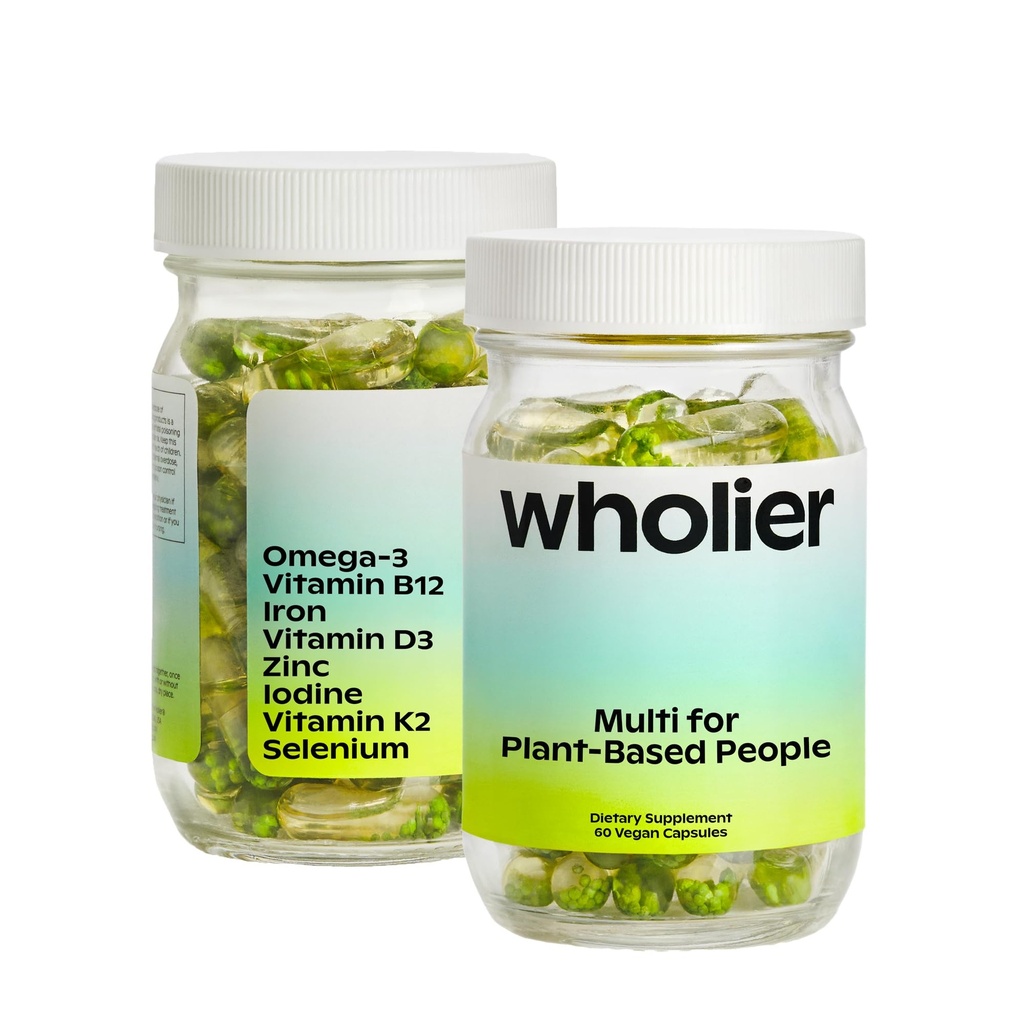 wholier Plant Based Multivitamin Vegan Omega33 DHA EPA, Vitamin D, B12, Zinek, Vitamin K2, Železo, Jod, Selen. 60 Počet (30denní dodávka) Skleněná láhev