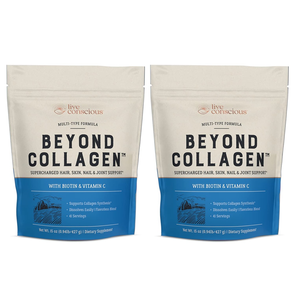 Live Conscious Beyond Collagen Multi Collagen Powder - Typy I, II, III, V & X IR 124; Keto Friendly, Hydrolyzované míchání s Biotin & Vitamin C (2-Pack)